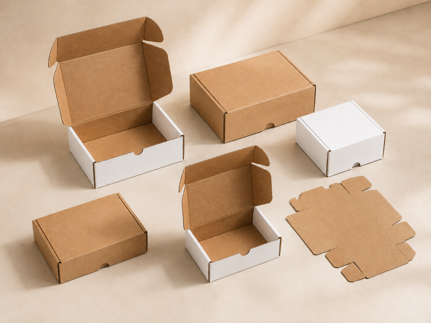 Composition of white and kraft mailer boxes in different sizes, including open boxes and one flat die-cut blank